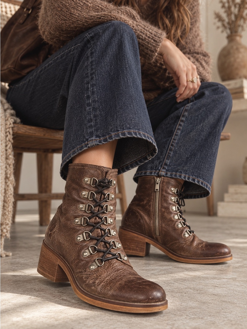 Mala Vita Agatha Brown Leather Lace Up Distressed Ankle MotoBoots EU 37 US 7